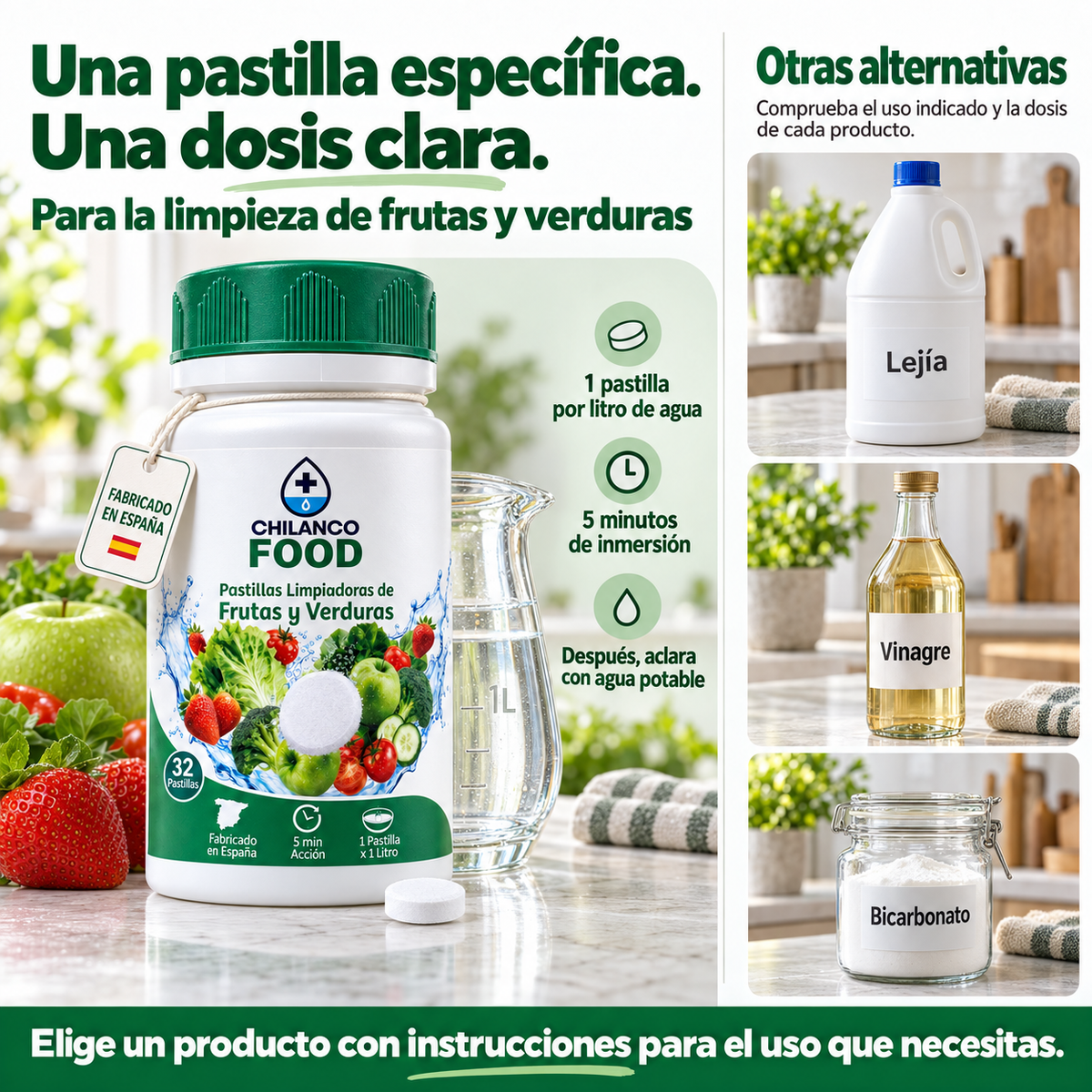 Una pastilla específica, una dosis clara: 1 pastilla por litro, 5 minutos de inmersión, aclarar con agua potable