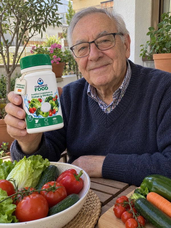 Hombre mayor en la terraza con un bote de Chilanco Food y una fuente de verduras