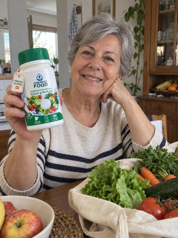 Mujer mayor sonriendo con un bote de Chilanco Food y una cesta de verduras