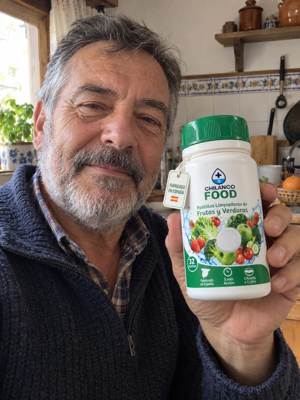 Hombre con barba gris enseñando un bote de Chilanco Food en su cocina
