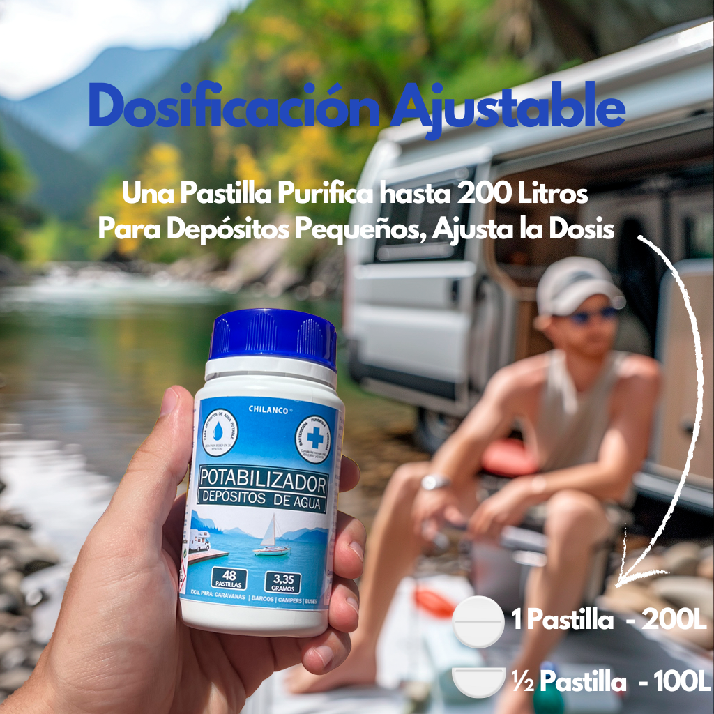 Pastillas Potabilizadoras de Agua, Purificador de Agua para uso en Autocaravanas, Barcos y Buses en Depósitos de Agua Potable |  Chilanco |   48 Pastillas