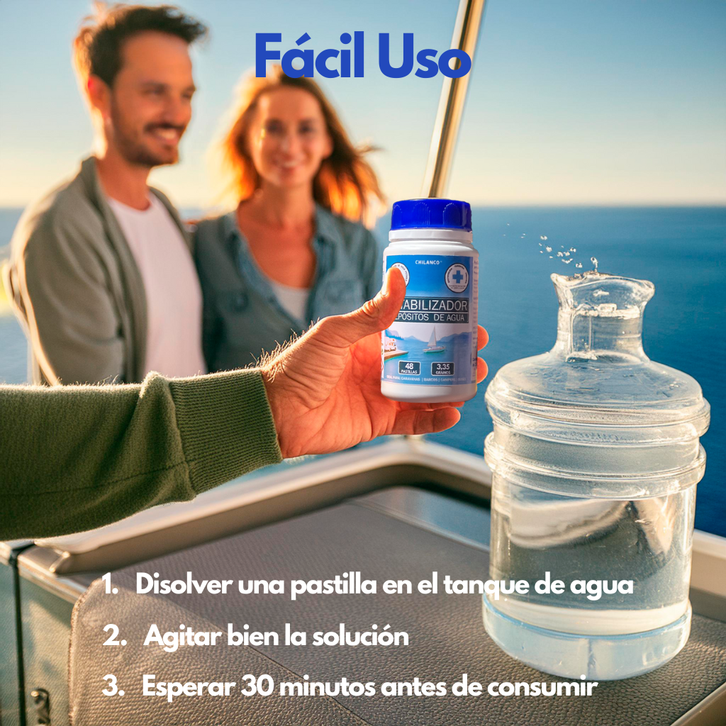 Pastillas Potabilizadoras de Agua, Purificador de Agua para uso en Autocaravanas, Barcos y Buses en Depósitos de Agua Potable |  Chilanco |   48 Pastillas