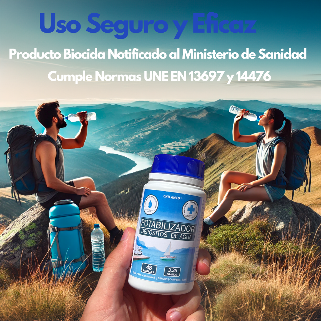 Pastillas Potabilizadoras de Agua, Purificador de Agua para uso en Autocaravanas, Barcos y Buses en Depósitos de Agua Potable |  Chilanco |   48 Pastillas