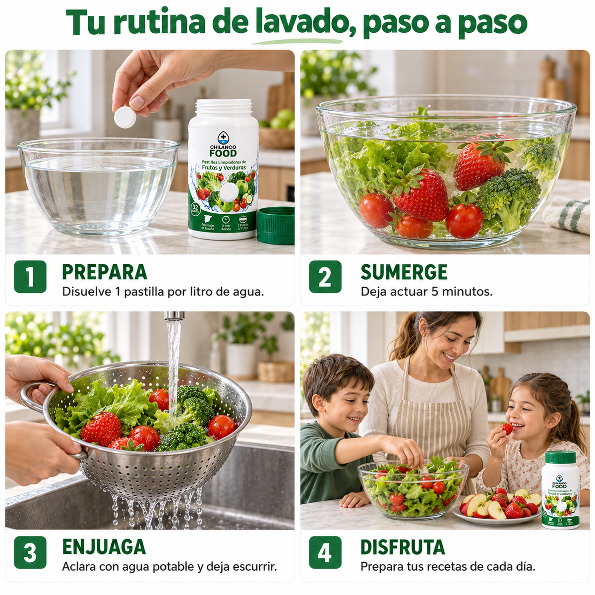 Rutina de lavado paso a paso: prepara 1 pastilla por litro, sumerge 5 minutos, enjuaga