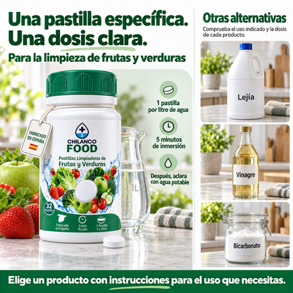 Una pastilla específica, una dosis clara: 1 pastilla por litro, 5 minutos de inmersión, aclarar con agua potable