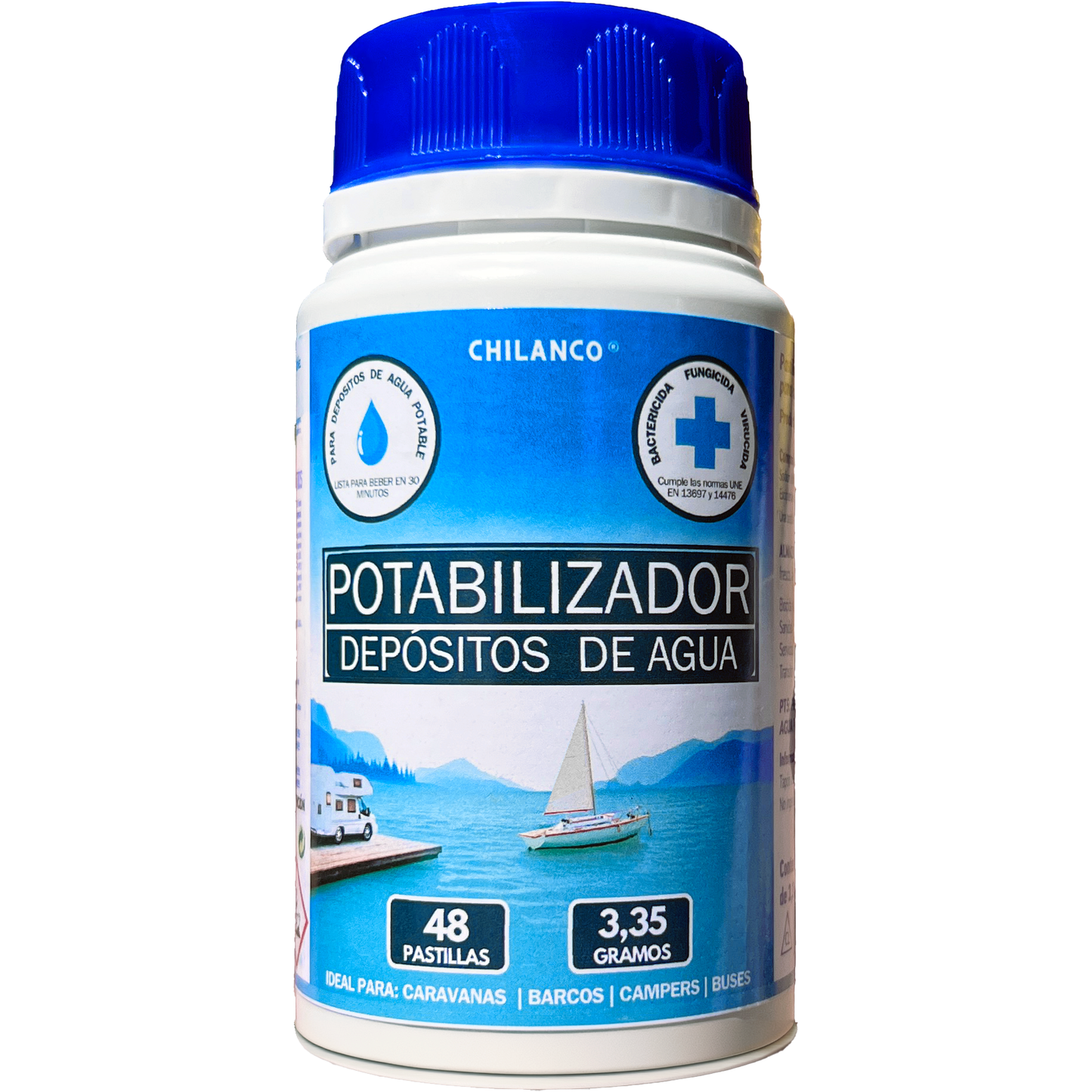 Pastillas Potabilizadoras de Agua, Purificador de Agua para uso en Autocaravanas, Barcos y Buses en Depósitos de Agua Potable |  Chilanco |   48 Pastillas