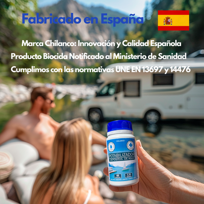 Pastillas Potabilizadoras de Agua, Purificador de Agua para uso en Autocaravanas, Barcos y Buses en Depósitos de Agua Potable |  Chilanco |   48 Pastillas