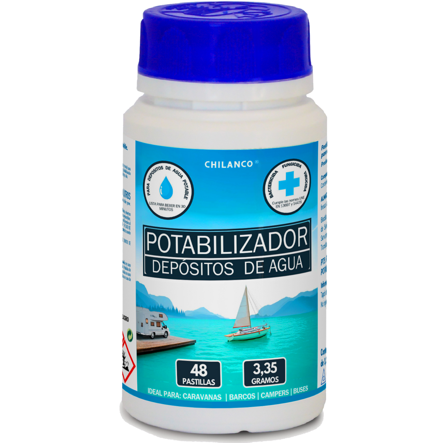 Pastillas Potabilizadoras de Agua, Purificador de Agua para uso en Autocaravanas, Barcos y Buses en Depósitos de Agua Potable |  Chilanco |   48 Pastillas