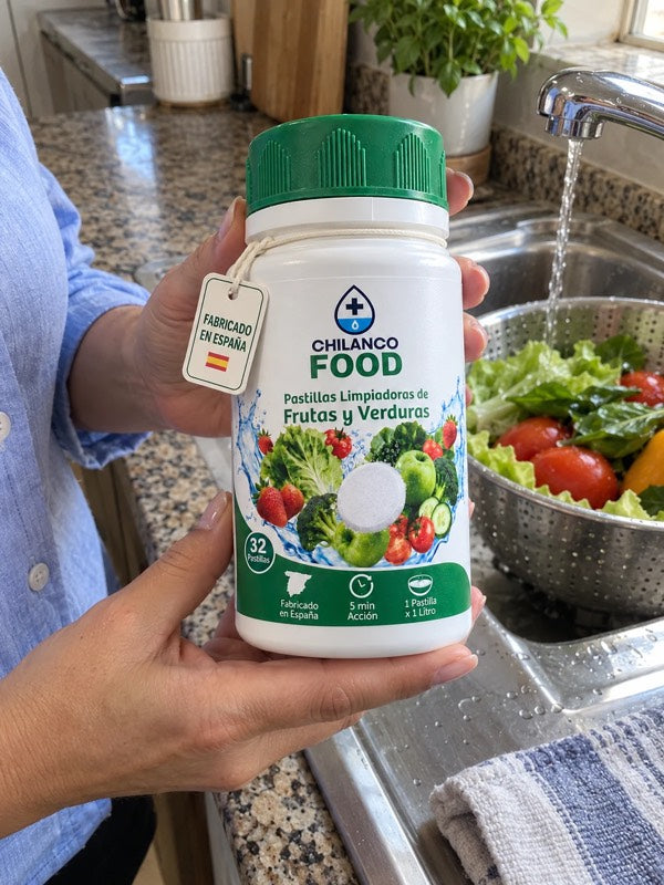 Manos sujetando un bote de Chilanco Food junto al fregadero con lechuga y tomates