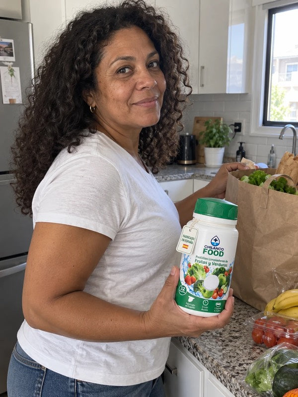 Mujer guardando la compra en la cocina con un bote de Chilanco Food